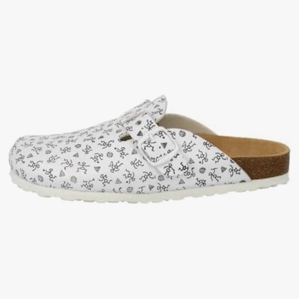 Lico Bioline Cork Footbed Mules Clogs Stick Figure Print Comfort Shoes